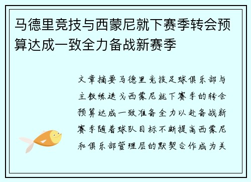 马德里竞技与西蒙尼就下赛季转会预算达成一致全力备战新赛季