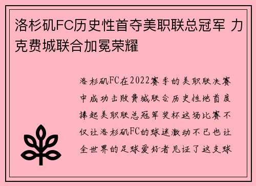 洛杉矶FC历史性首夺美职联总冠军 力克费城联合加冕荣耀 洛杉矶FC历史性首夺美职联总冠军 力克费城联合加冕荣耀